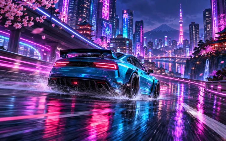 Carro esportivo azul derrapando numa cidade neon